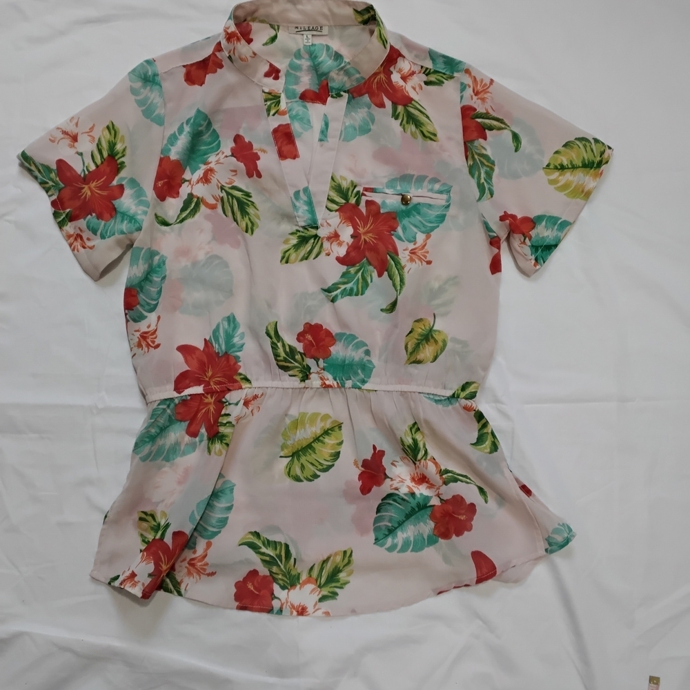 MILEAGE women'sCream and Red Peplum Blouse with Mandarin Collar Size L
